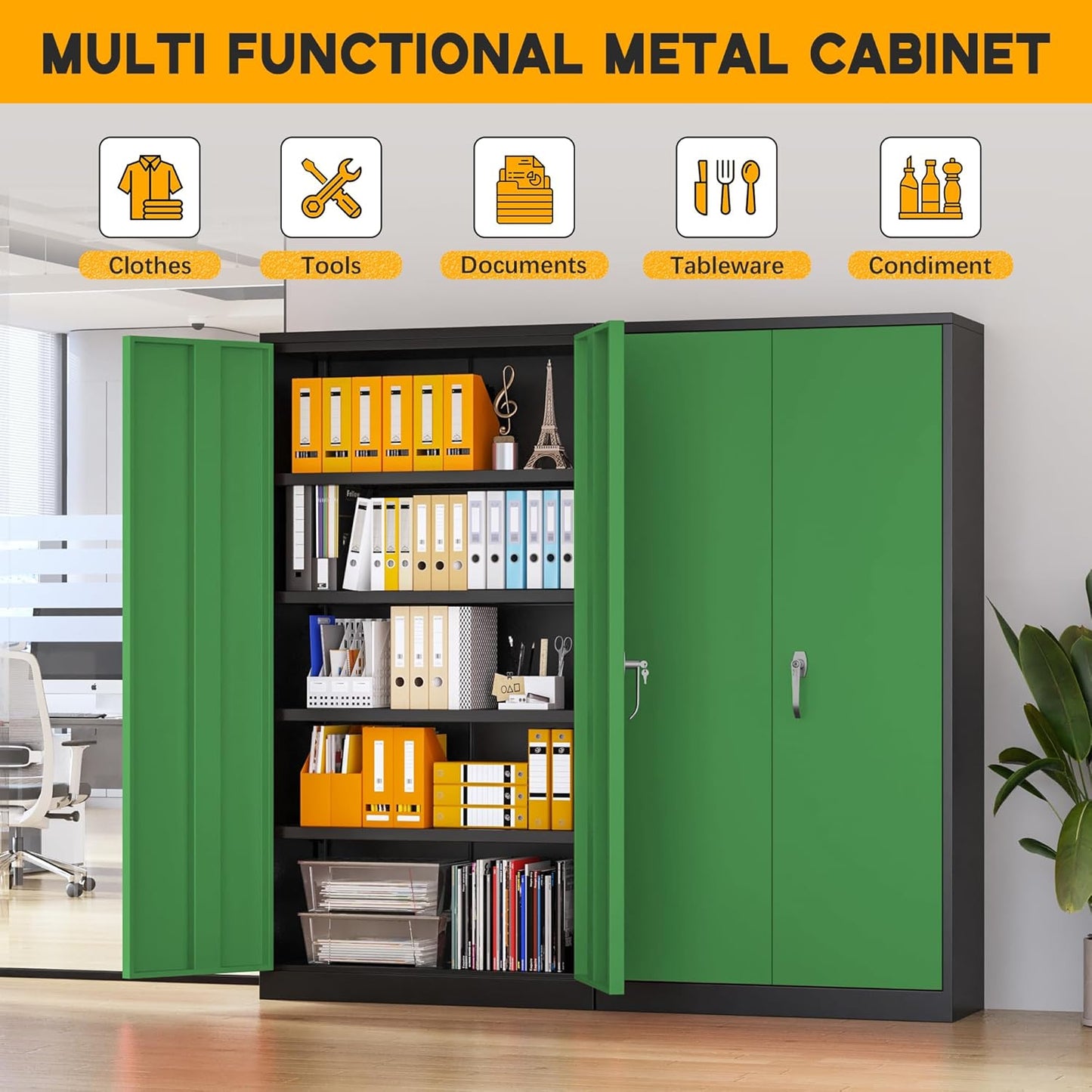 Greenvelly Metal Garage Storage Cabinet with 2 Doors and 4 Adjustable Shelves, 72" HLockable Storage Cabinet,Tall Metal Cabinet Locking File Cabinet for Office,Home, Garage, Gym, School