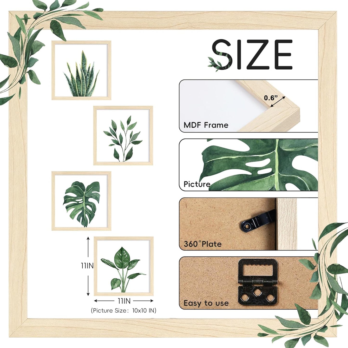 ArtbyHannah Framed Bathroom Wall Decor, 10x10 Inch Botanical Wall Art with Sage Green Plant Print for Wall Decoration, Minimalist Restroom Decor (Natural)