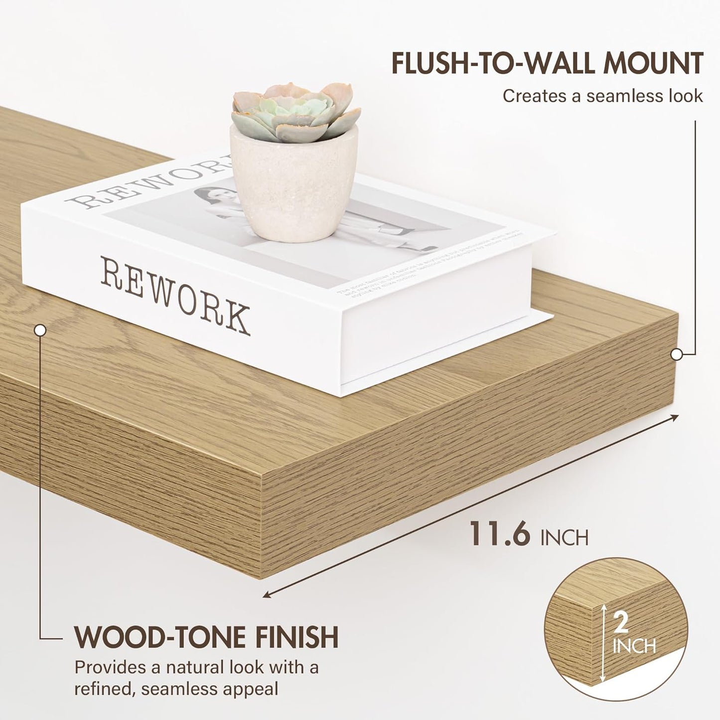 55 Inch Floating Shelves, 12" Deep Floating Shelf Wall Mounted, 55" Wall Shelves, Rustic Deep Bookshelf, Extra Deeper & Thicker Display Shelves for Bedroom, Living Room, Oak, Set of 2