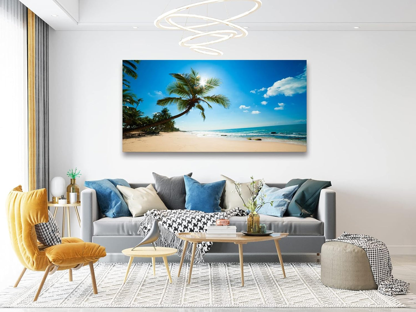 Muolunna X0675 Large Canvas Wall Art Summer Ocean Waves Prints Coconut Trees Beach Seascape Painting Hawaii Sea Nature Pictures Stretched and Framed for Living Room Home Office Wall Decor Artwork, 30x60inch x1pcs