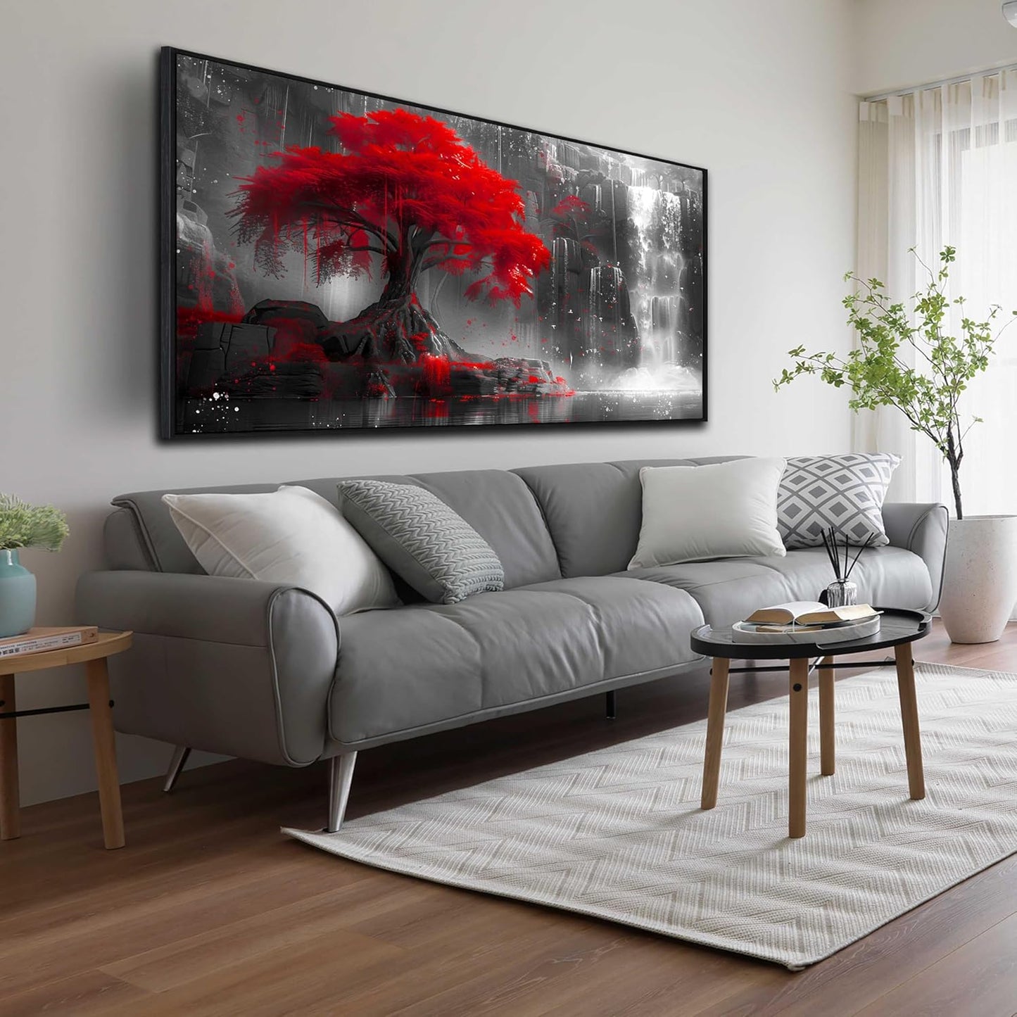 Tree Wall Art for Living Room, Waterfall Wall-Decor for Bedroom, Black White and Red Canvas Print, Large Size 29x59 Inches Framed