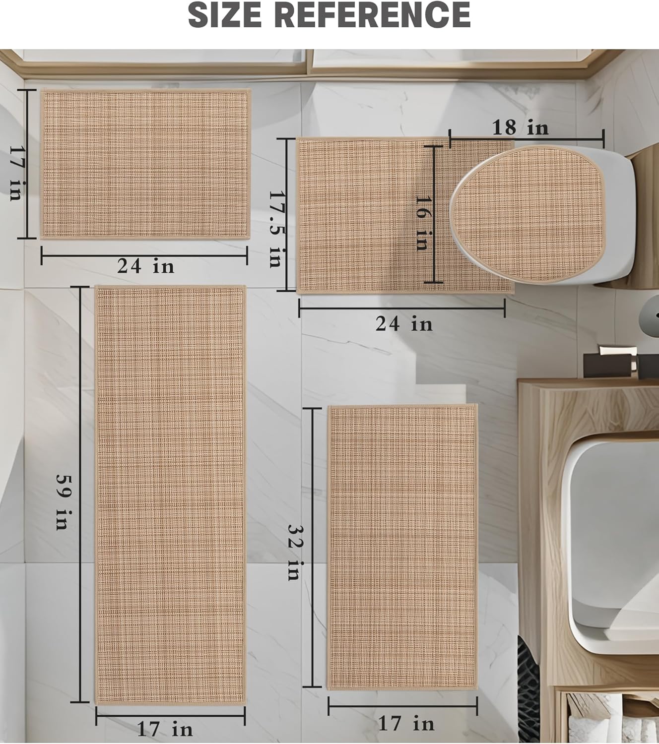 YIHOUSE Bathroom Rugs Sets 5 Pieces, Khaki Ultra Thin Bath Mats Fit Under Door, Absorbent Quickly Dry Rubber Backing Braided Bath Mat Set, Non Slip Washable Bath Rugs for Bathroom Floor, Khaki