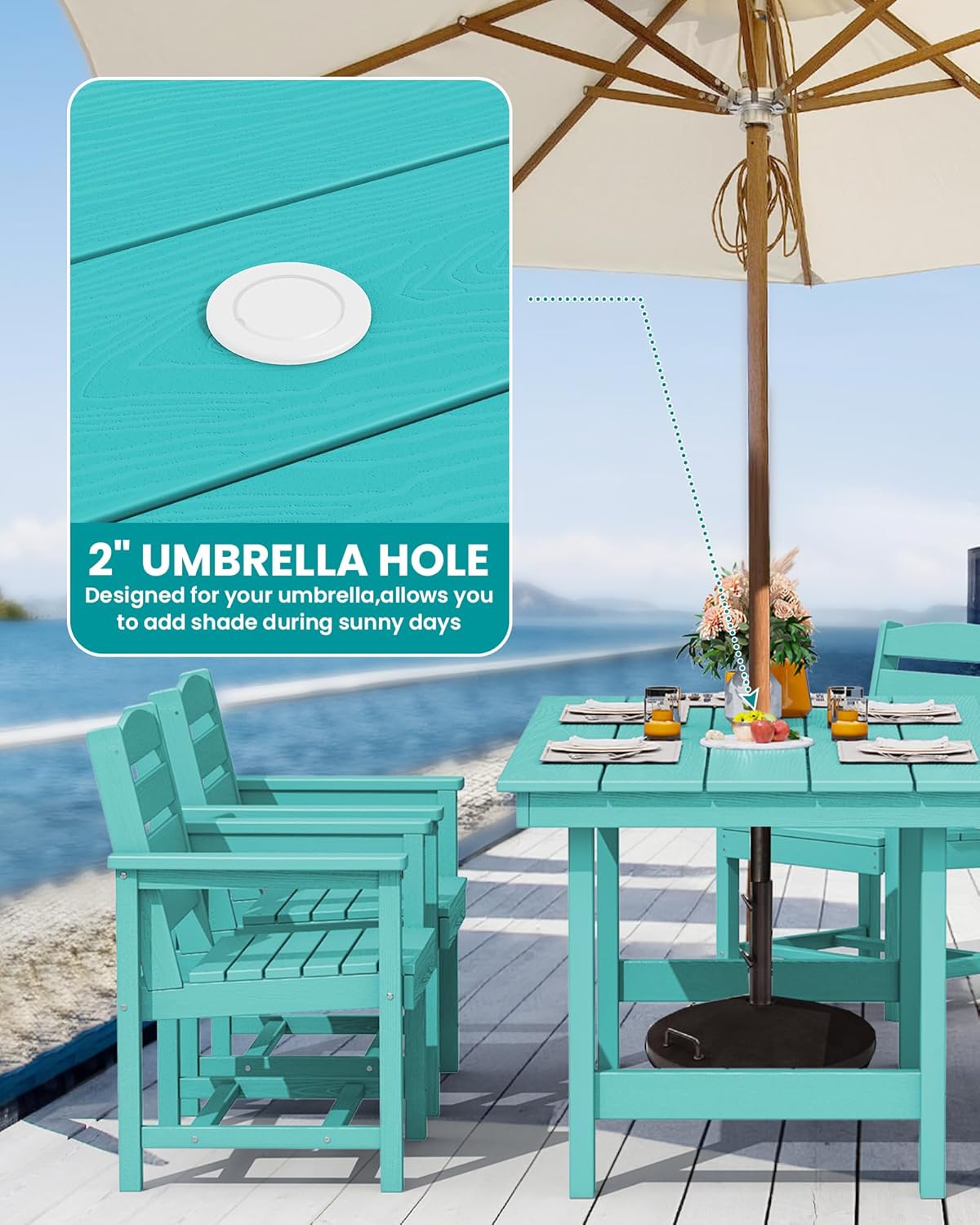 SERWALL Outdoor Dining Set for 6, HDPE Dining Furniture Set with Umbrella Hole Cut-Out Table and 1 Dining Bench and 4 Chairs, All Weather Outdoor Dining Bench Sets, Aruba