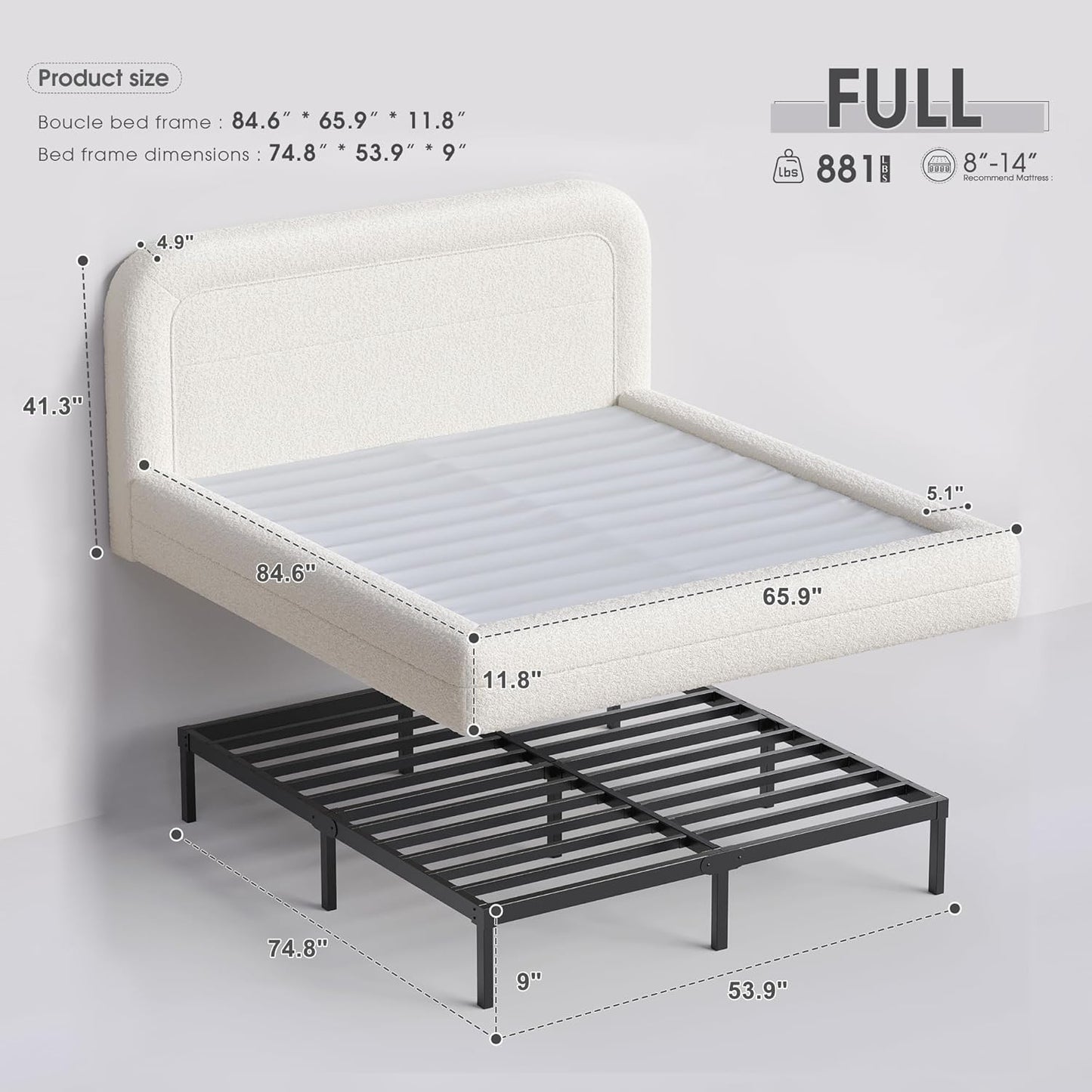 Full Bed Frame with Headboard, Upholstered Cloud Bed Frame, Anti-Collision Soft Rounded Corners, for Modern Bedrooms, Apartments, Guest Rooms, White