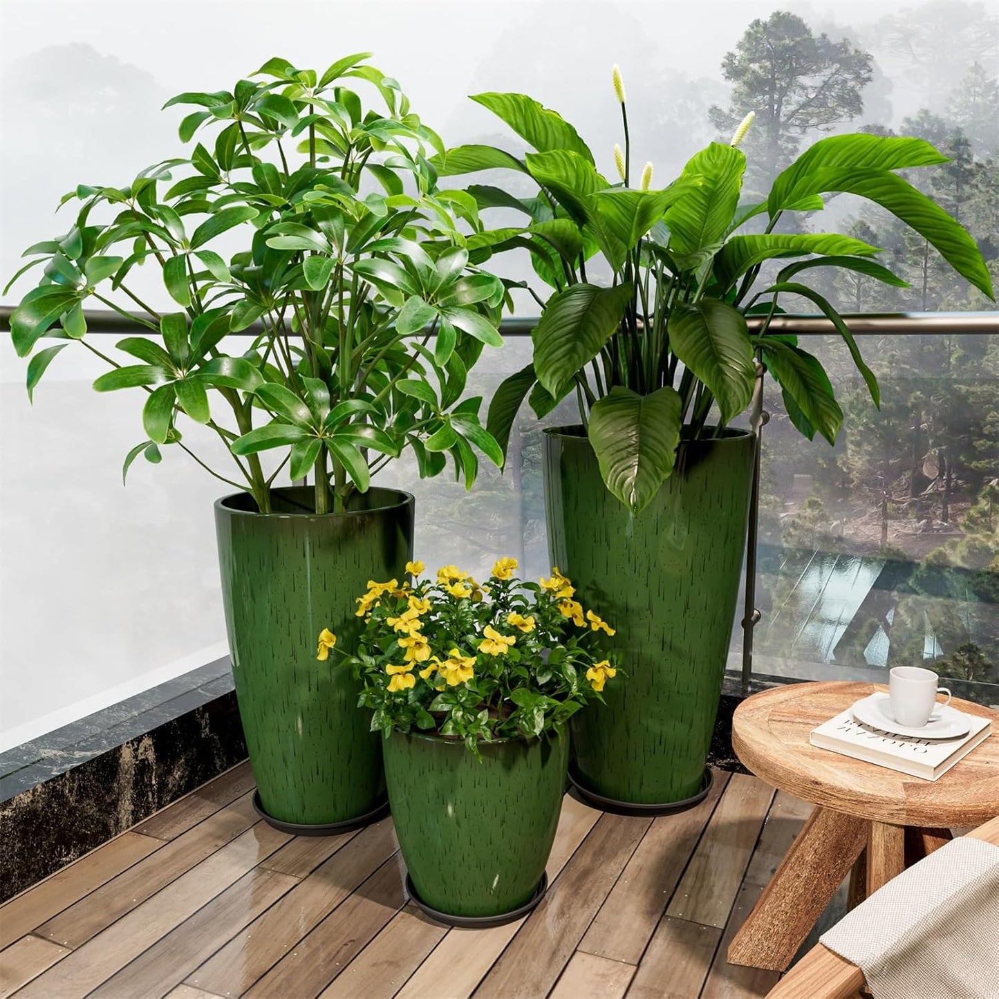 QCQHDU 24,21,11 inch Large Planters with Drainage Hole & Saucer, Set of 3 Plant Pots Tall Planter for Indoor & Outdoor Plants Home Modern Decor