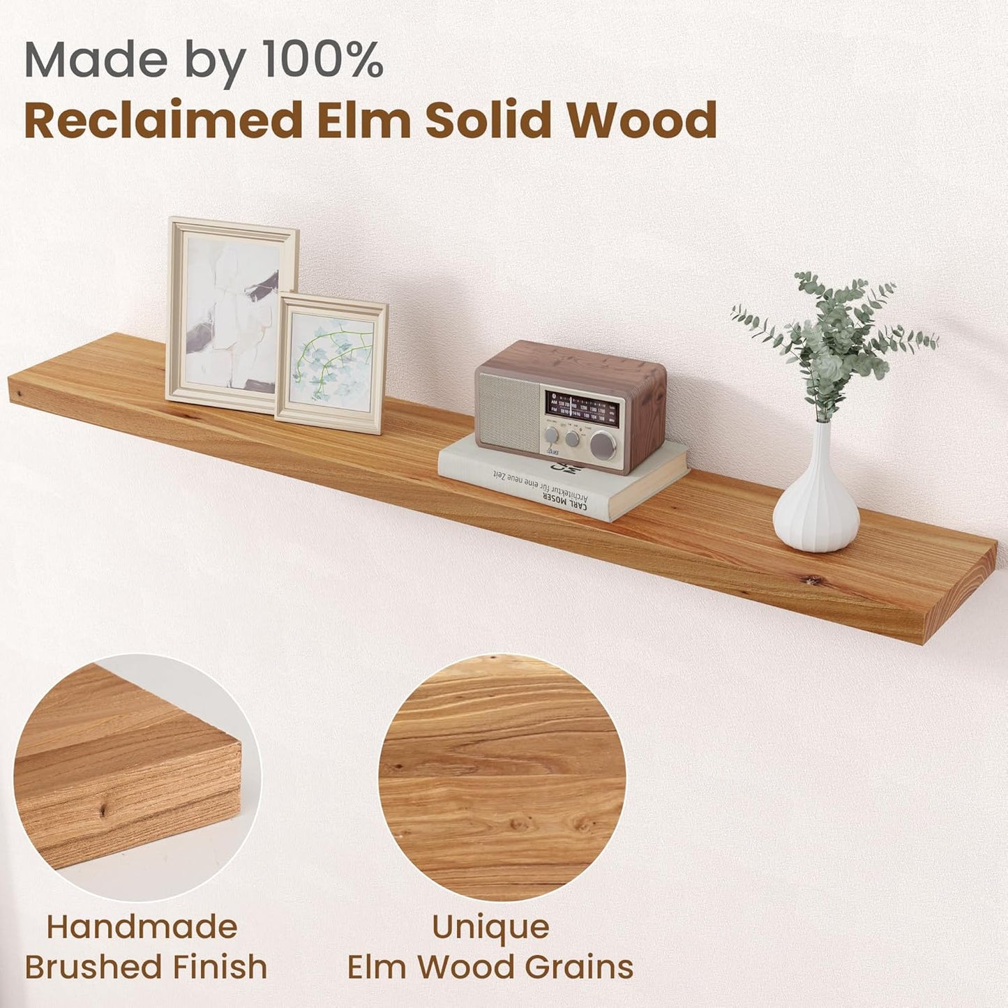 Floating Shelves for Wall Decor, 8" Deep Rustic Solid Elm Wood Floating Shelves Wall Mounted, Wall Shelves with Invisible Bracket for Living Room Bathroom Bedroom Kitchen, 48 Inch Set of 1, Natural