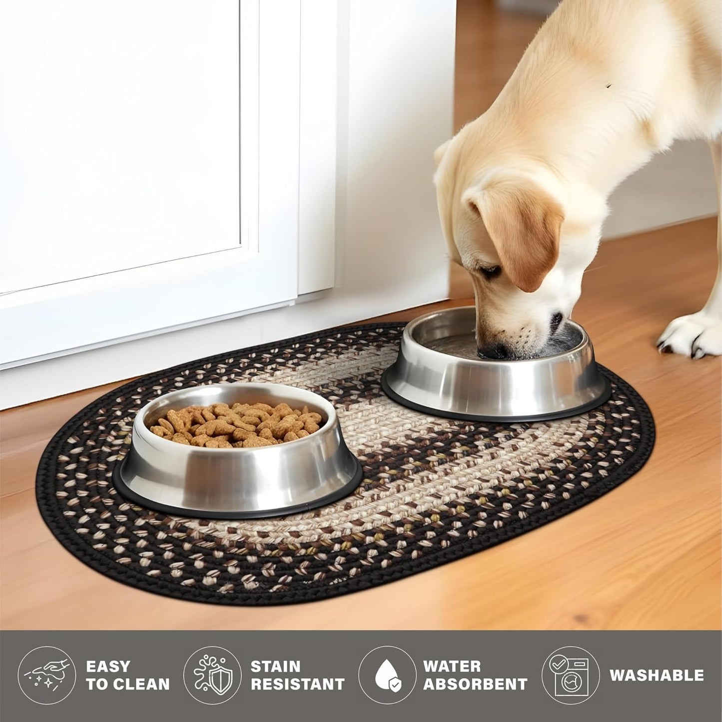 Homespice Black Mist Waterproof Dog Mat for Food and Water 16x24 Oval - Super Absorbent Food Mat for Pet Bowls