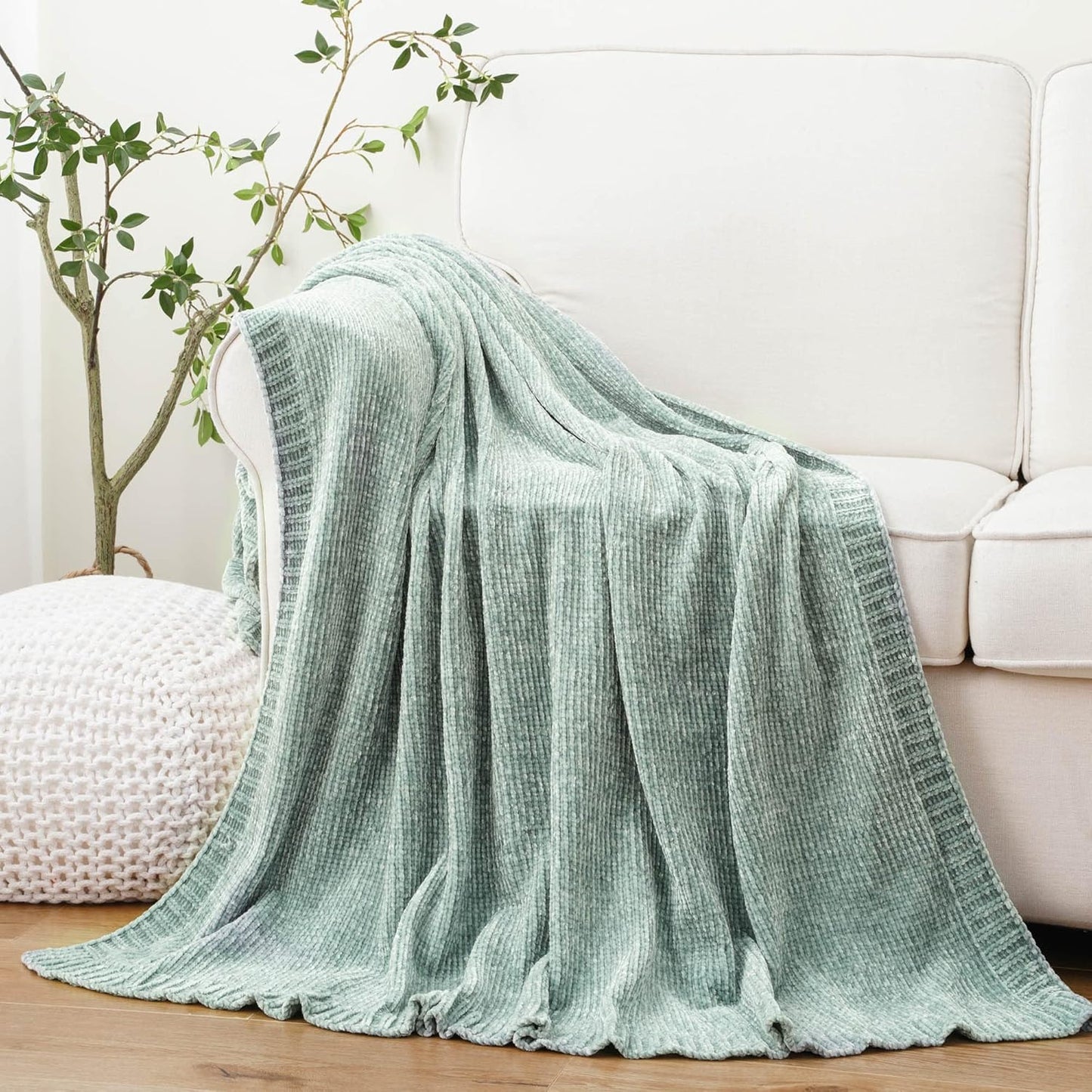 BATTILO HOME Sage Green Throw Blanket for Home Decor, Chenille Knit Throw Blanket for Couch, Sofa, Chair, Cozy Soft Blanket, 51"x67"