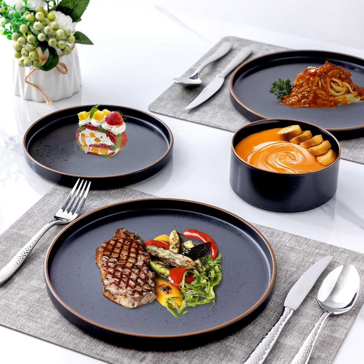 LERATIO Ceramic Dinnerware Sets for 4,Matte Stoneware Plates and Bowls Set, Chip and Crack Resistant | Oven & Dishwasher & Microwave Safe Dishes Set, Service for 4-Ashen Gold Rim
