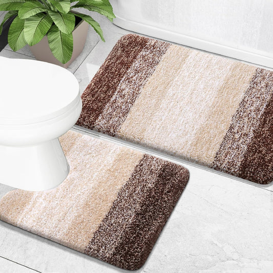 OLANLY Bathroom Rug Set 2 Piece, Soft Absorbent Microfiber Bath Mats and U-Shaped Contour Toilet Rug, Non-Slip, Machine Wash Dry, Plush Shaggy Bath Mats for Bathroom (30"x20"+24"x20", Brown)