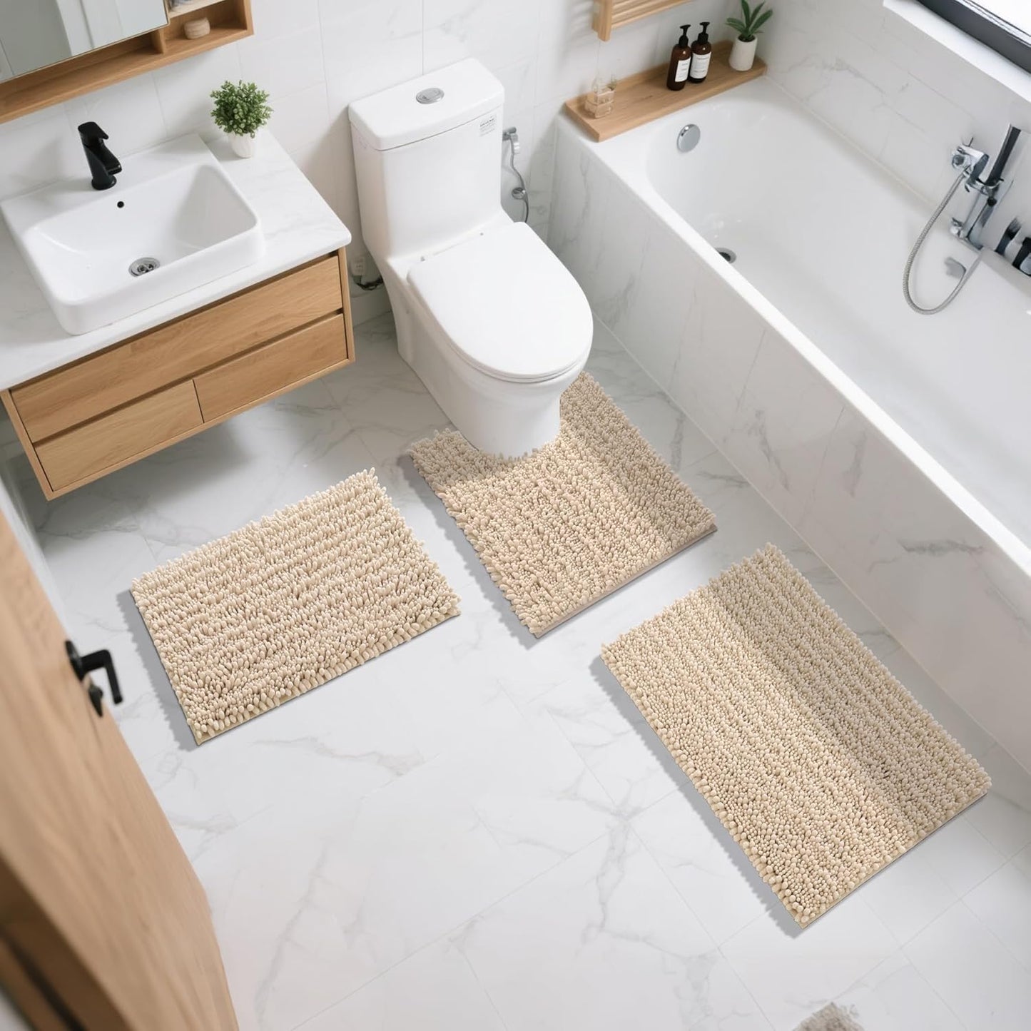 Yimobra Bathroom Rugs Sets 2 Piece - Quick Dry Extra Thick Luxury Chenille Bath Mat, Non Slip Super Absorbent for Tub Shower Sink, Machine Washable Shaggy Floor Mat, 24"x17+24"x20" Inch, Light Brown