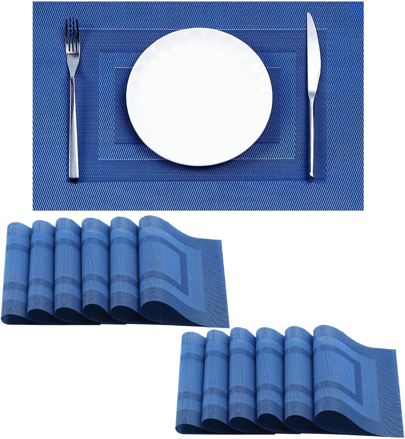 Leetaltree Blue Frame Placemats Set of 12 - Heat Resistant Non-Slip Place mats for Dining Table, Washable Durable PVC Vinyl Woven Table Mats（Blue Frame, 12）