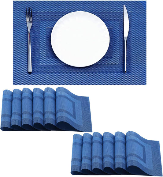 Leetaltree Blue Frame Placemats Set of 12 - Heat Resistant Non-Slip Place mats for Dining Table, Washable Durable PVC Vinyl Woven Table Mats（Blue Frame, 12）