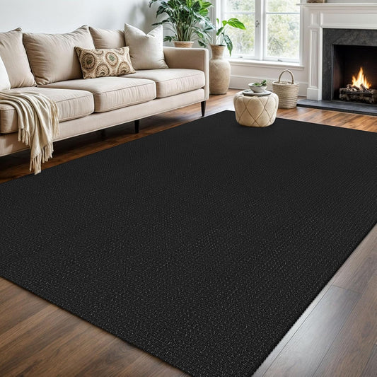 KOZYFLY Washable Area Rug 6x9 ft Rubber Backed Non Slip Rugs for Living Room Braided Cotton Bedroom Rug Woven Office Rugs Indoor Floor Carpets for Dining Bedroom Living Room, Black/Dark Grey