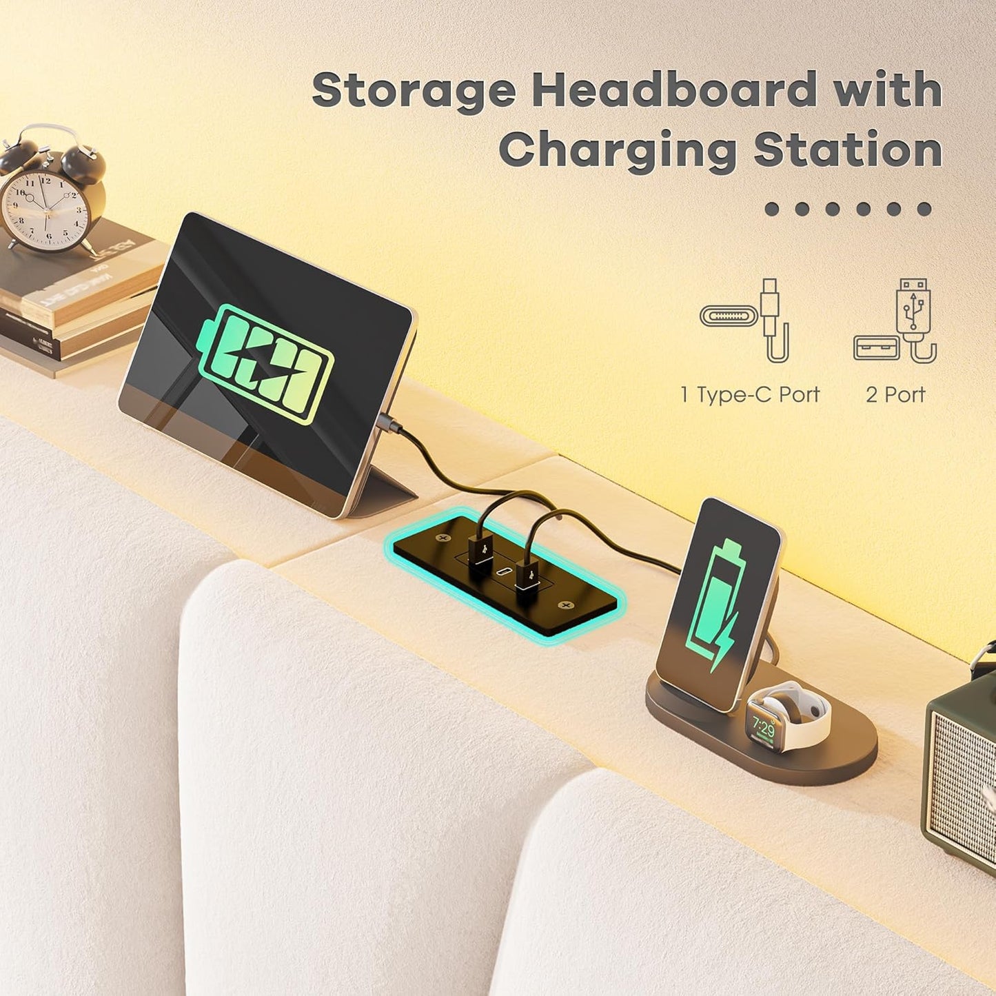 EnHomee King Size Bed Frame, Velvet Bed Frame with Headboard and Led Light, Platform Bed Frame for Bedroom Apartment, Dorm, Noise-Free, Easy Assembly, Beige