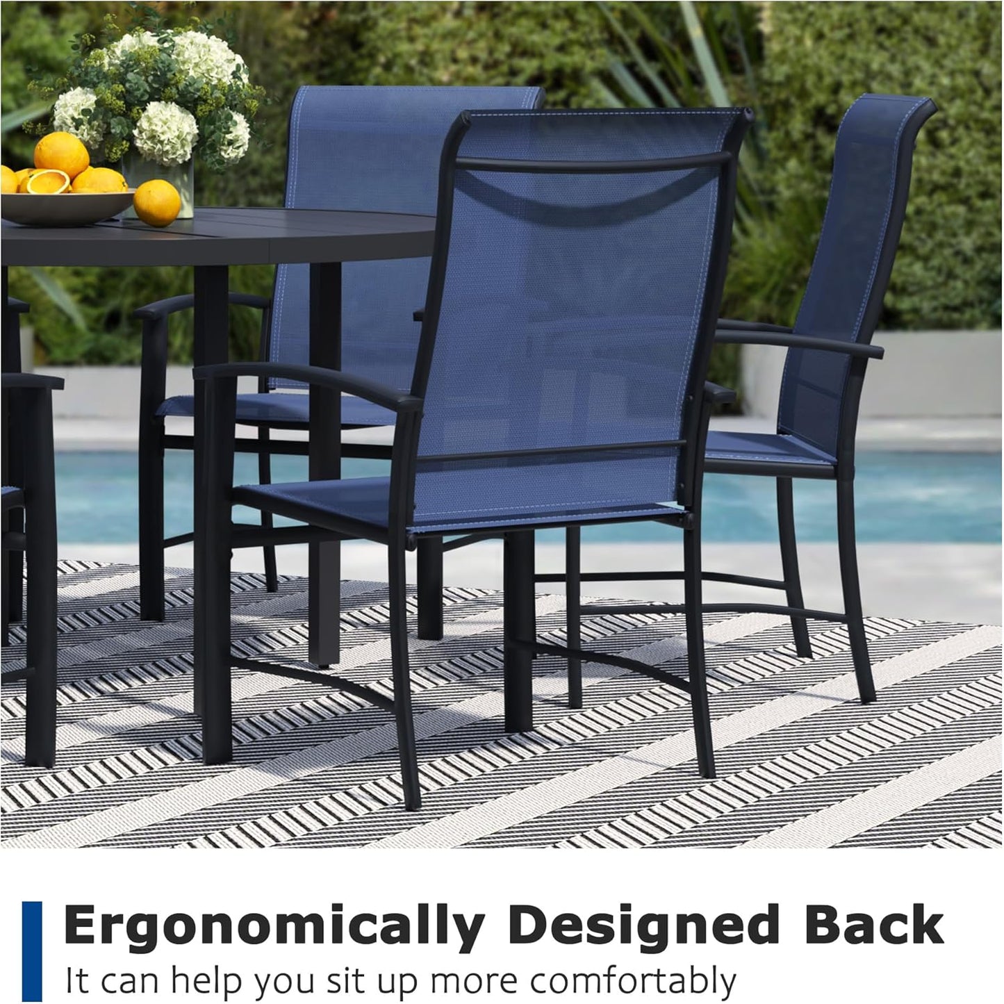 7 Piece Outdoor Dining Set, Patio Table and Chairs Set of 6, 47" Black Round Patio Table with 6 Blue Outdoor Patio Chairs for Lawn, Garden, Porch
