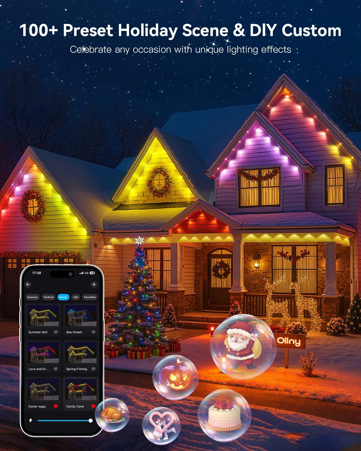 Ollny 100FT 60LED Permanent Outdoor Lights, APP Control RGB Outdoor Lights 100 Scene Modes with Remote, DIY Music Modes Christmas Light for Holiday Xmas Halloween Decorations
