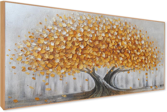 Gold Tree of Life Canvas Wall Art, Modern Abstract Textured Painting, Large Framed Panoramic Landscape Artwork for Living Room, Bedroom, Office, Home Decor 48"x24"