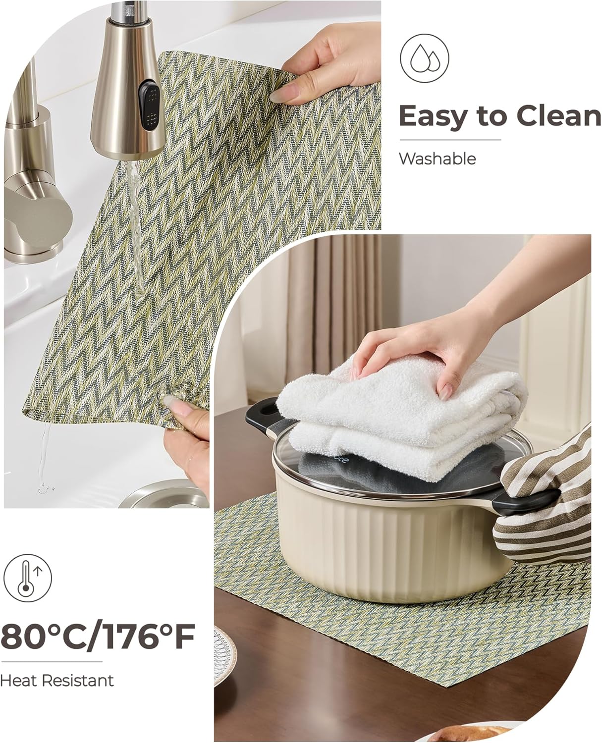 Leetaltree Green Placemats Set of 6 - Heat Resistant Non-Slip Place mats for Dining Table, Washable Durable PVC Vinyl Woven Table Mats（Green Zigzag, 6）