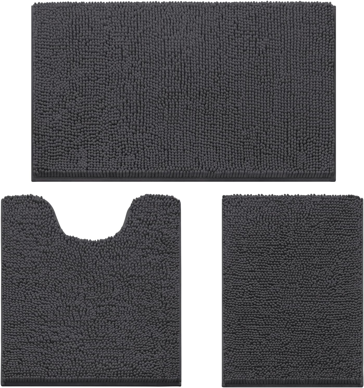 HOMEIDEAS 3 Pieces Bathroom Rugs, Ultra Soft Non Slip Absorbent Chenille Toilet Bath Mat Set (Dark Grey,17"x24"+20"x32"+U Shape 20"x24")