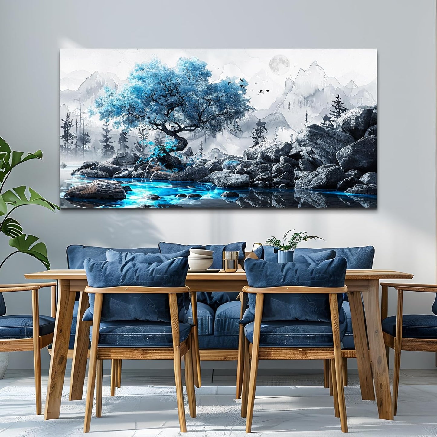 FUHUAHAI Canvas Wall Art For Living Room Framed Wall Decor For Bedroom Modern Office Decoration Black And White Ink Landscape Painting Blue Tree Wall Pictures Artwork Ready To Hang Home Decor 20x40