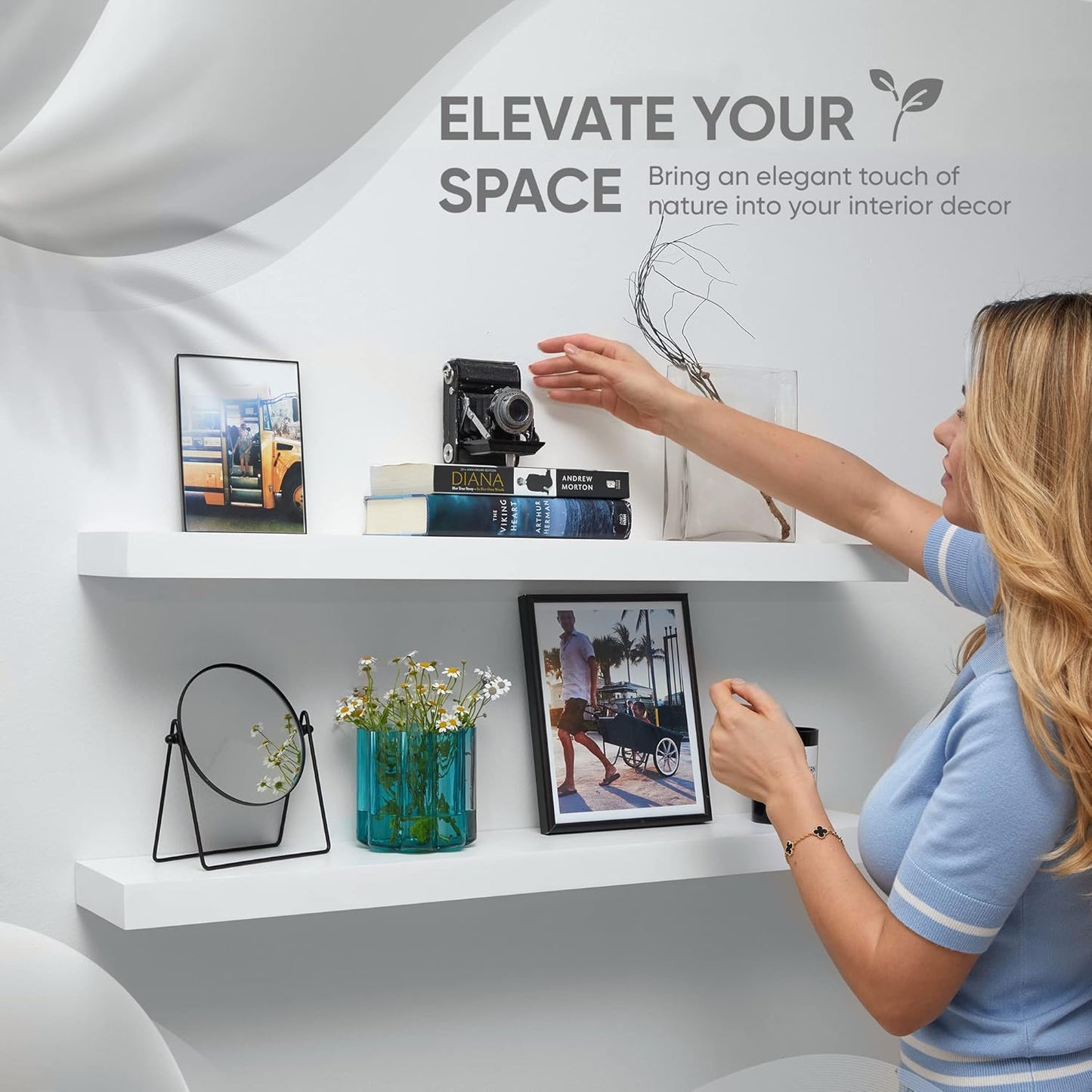 Homeforia White Floating Shelves 30 inch, High End Solid Real Wood 30inch Floating Shelf for Wall Mounted, White Wooden 30in Long Floating Shelves, Heavy Duty Bracket, 30 X 6.5 X 1.75 inches, Set of 4