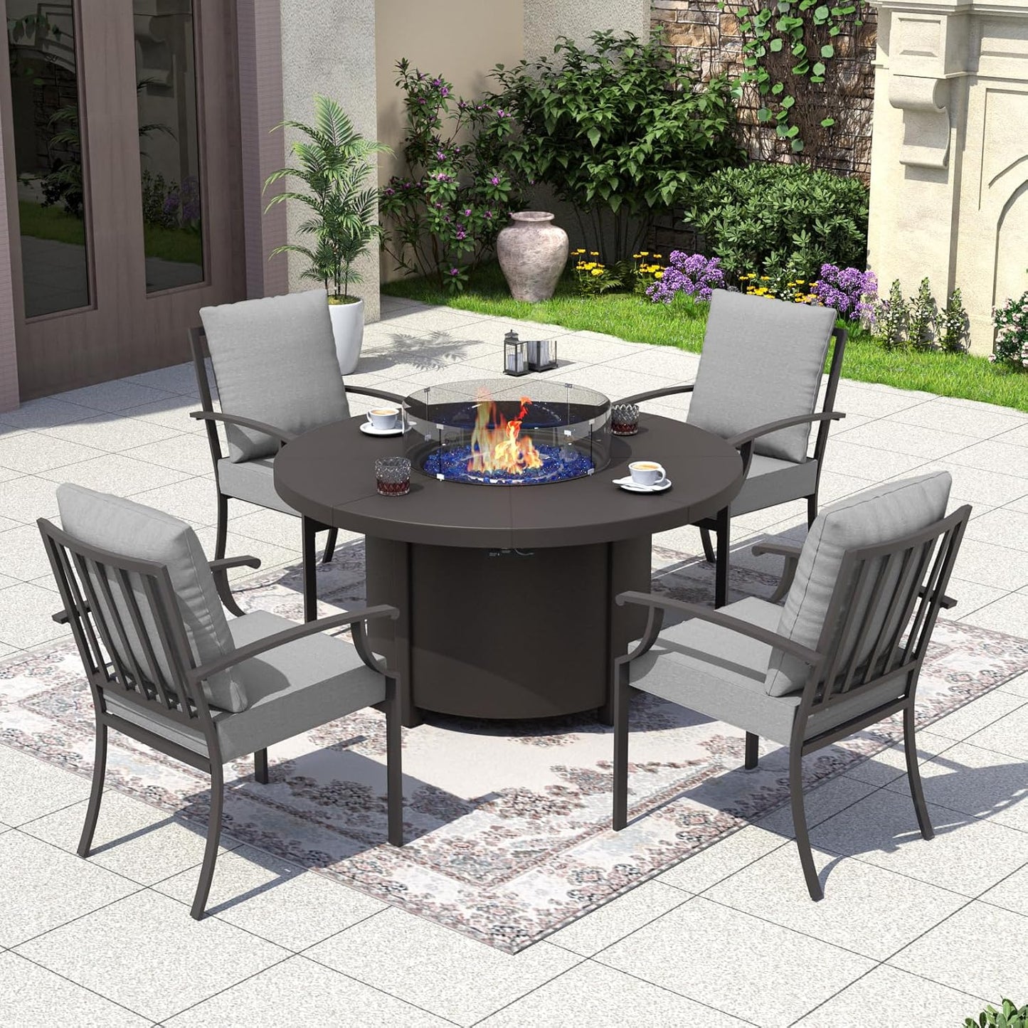 Kurapika 5 Piece Metal Outdoor Patio Furniture Set with Round Fire Pit Table, Patio Conversation Sets 4 Fixed Chairs with Thick Cushion and 40000 BTU Fire Pit Table, Grey