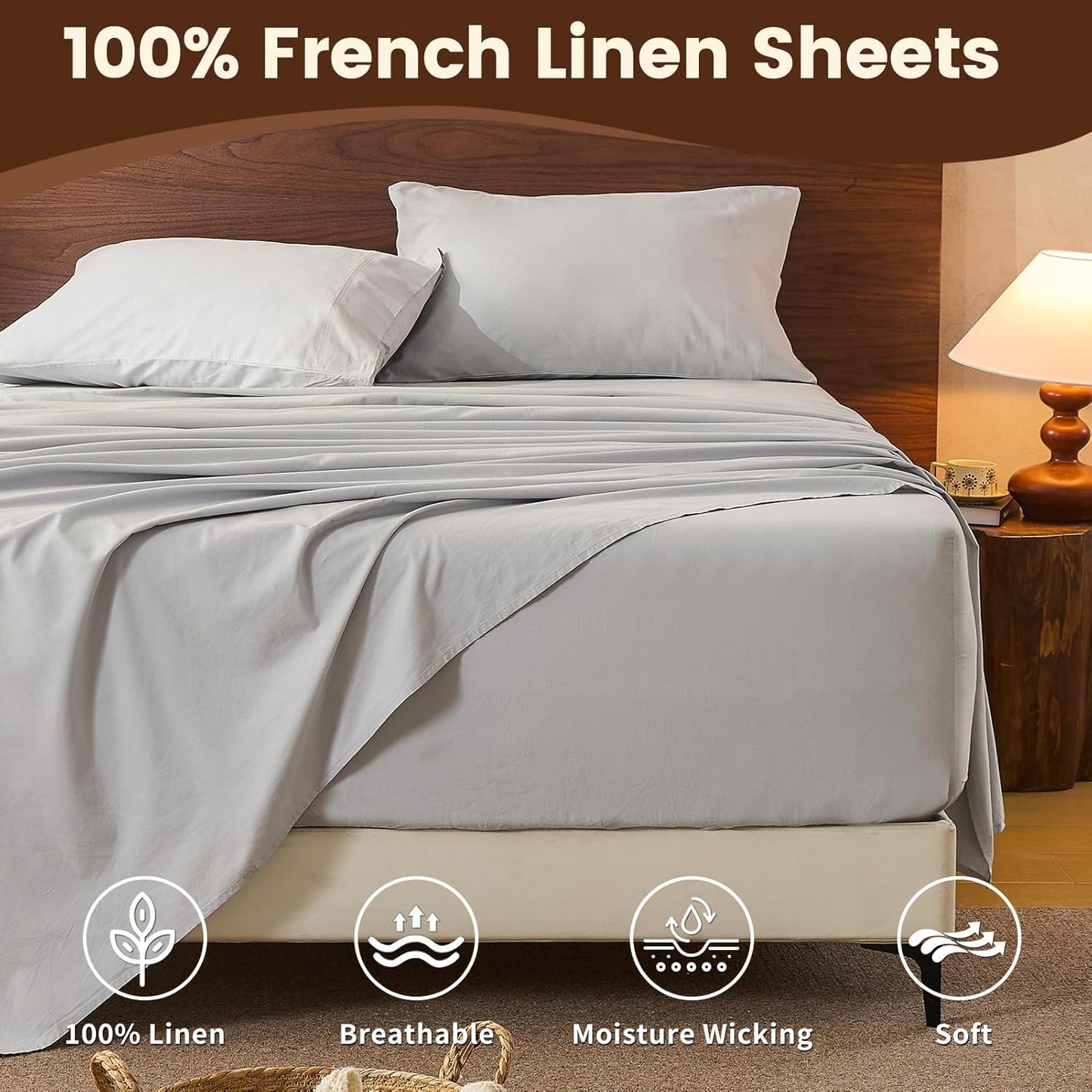 100% Linen Sheet Set Queen Size Extra Deep Pocket Fits 18-24 Inch Mattress, Breathable & Soft, Smooth 4-Piece Set for Thick Mattresses Hotel Luxury Bedding（Queen, Grey）