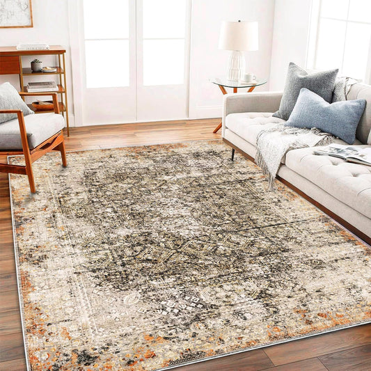 5'x7' Washable Area Rug Vintage Traditional Floor Cover Foldable Thin Kitchen Accent Indoor Distressed Non Slip Carpet Floral Print Mat for Bedroom Living Room Bathroom