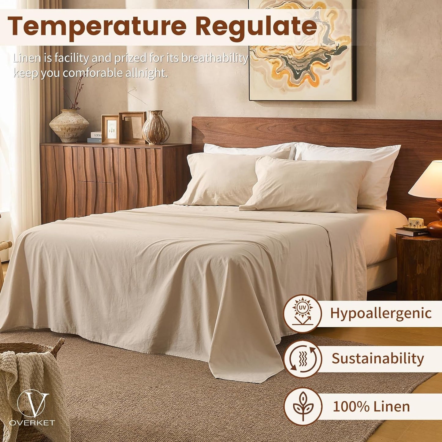 100% Linen Sheets King Size,Breathable & Durable 4-Piece Bed Flax Sheet Set,Soft All-Season Bedding for Hot Sleepers 16" Deep Pocket Oeko-TEX Certified,（King, Linen）