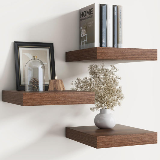 Floating Shelves for Wall with Invisible Brackets, Wall Mounted Engineered Wood Shelves with Wood Grain for Living Room, Bedroom, Bathroom, Kitchen Decor and Storage, Oak, 8"L Set of 3, Walnut