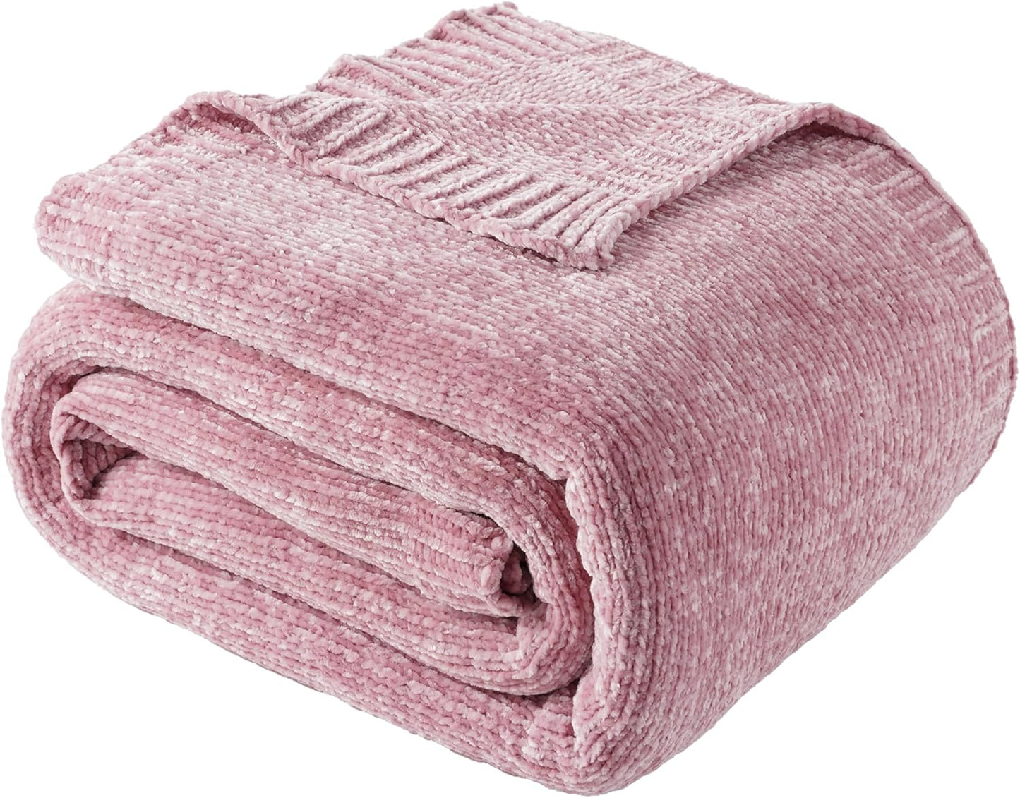 BATTILO HOME Chenille Throw Blanket for Couch, Pink Blanket Throw Chenille Knitted Blankets for Home Decor, Super Soft Blush Pink Throws for Bed Sofa Living Room, 51"x67"
