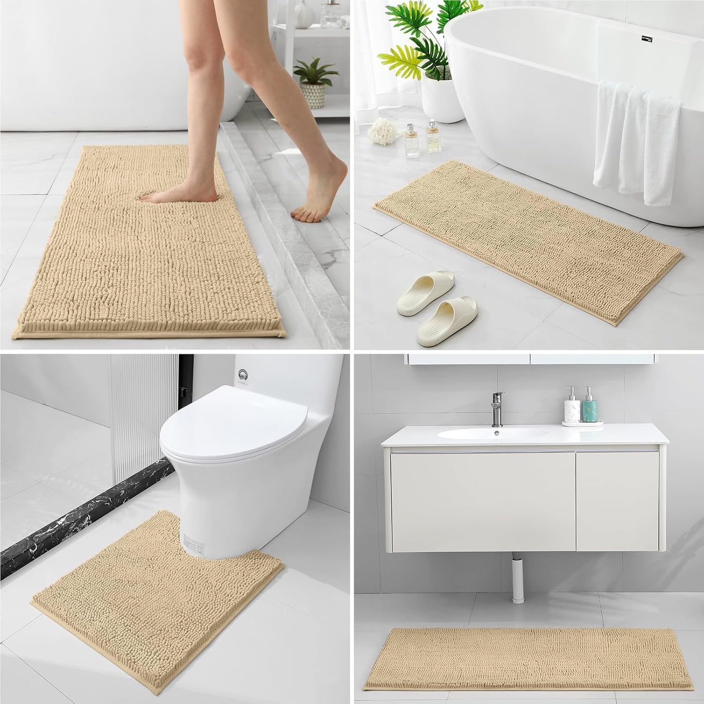 HOMEIDEAS 3 Pieces Bathroom Rugs, Ultra Soft Non Slip Absorbent Chenille Toilet Bath Mat Set (Beige-Beige, 17"x24"+20"x48"+U Shape 20"x24")