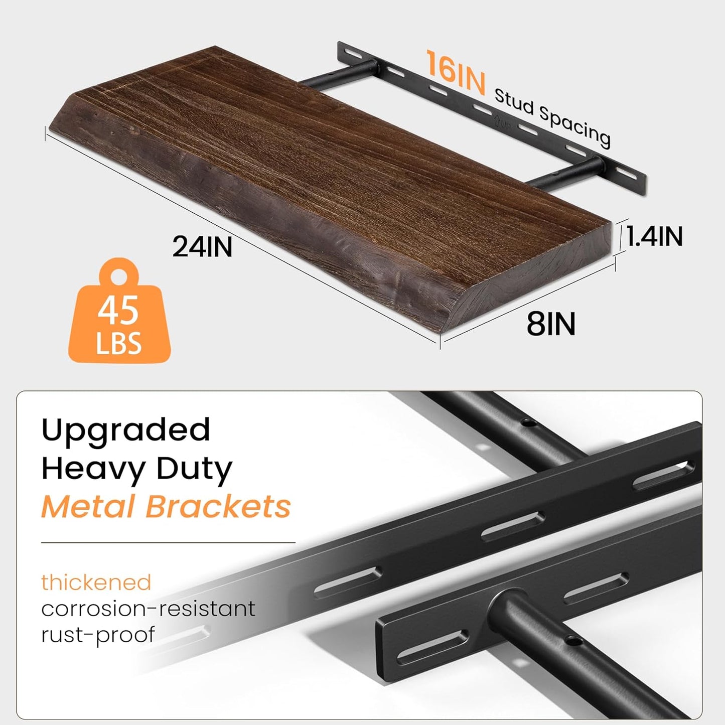 Fun Memories Floating Shelves for Wall Decor, Rustic Solid Elm Wood Live Edge Floating Shelves Wall Mounted, Heavy-Duty Shelf with Invisible Bracket for Living Room Kitchen, 24 Inch Set of 2, Walnut