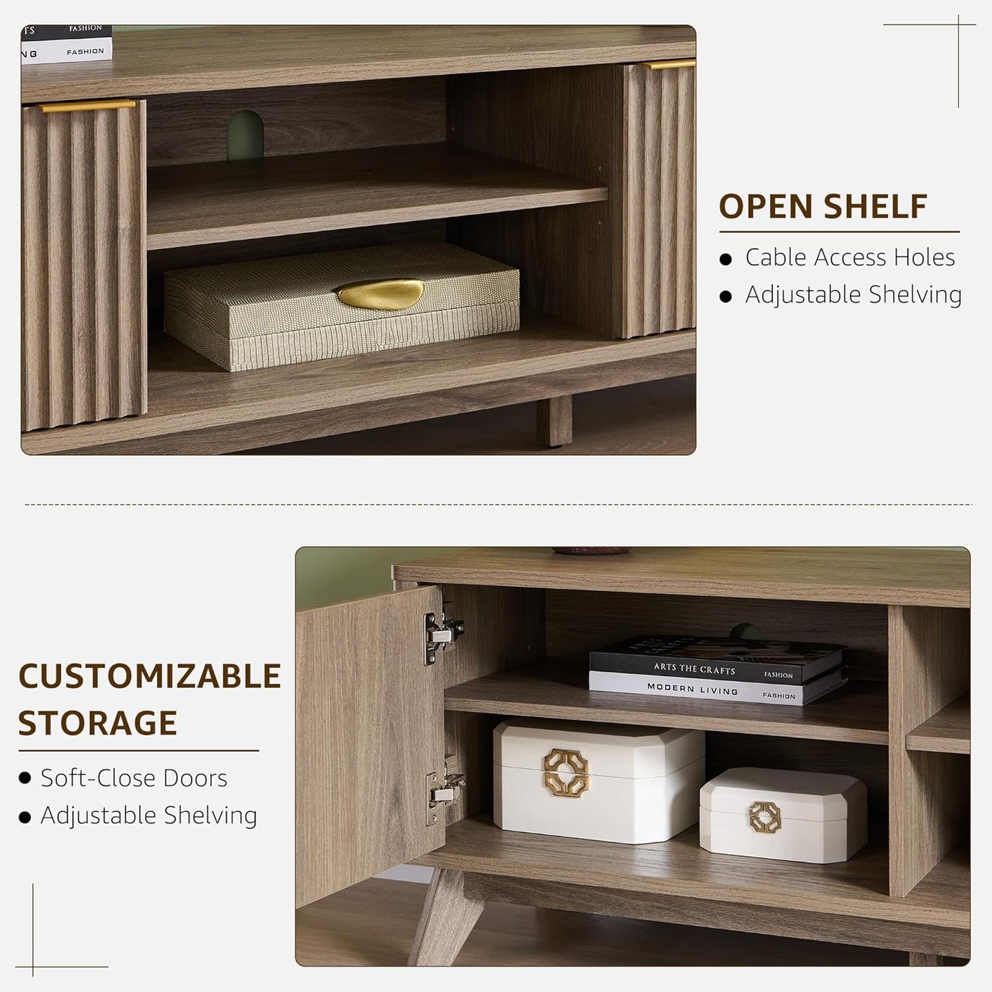 OKD 70" Mid Century Modern Fluted TV Stand, Entertainment Center, Sideboard, Media Console for Living Room with 2 Soft Close Door/Adjustable Shelves (Alder Grey)