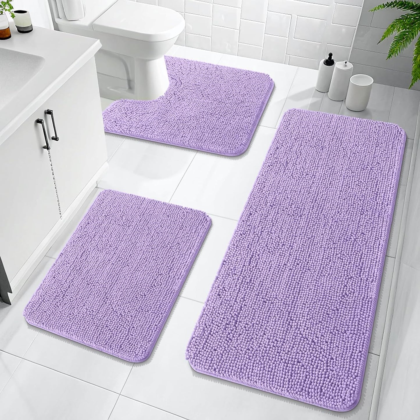 OLANLY Bathroom Rugs Sets 3 Piece, Soft Absorbent Chenille Bath Mats and U-Shaped Contour Toilet Rug, Quick Dry, Home Decor Accessories, Bath Mat Set for Bathroom (47"x20"+24"x16"+24"x20", Lavender)