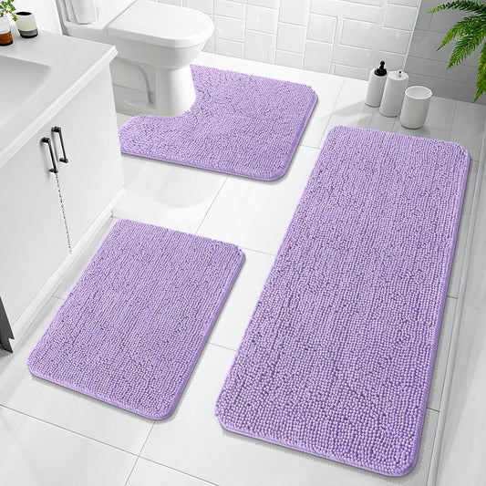 OLANLY Bathroom Rugs Sets 3 Piece, Soft Absorbent Chenille Bath Mats and U-Shaped Contour Toilet Rug, Quick Dry, Home Decor Accessories, Bath Mat Set for Bathroom (47"x20"+24"x16"+24"x20", Lavender)