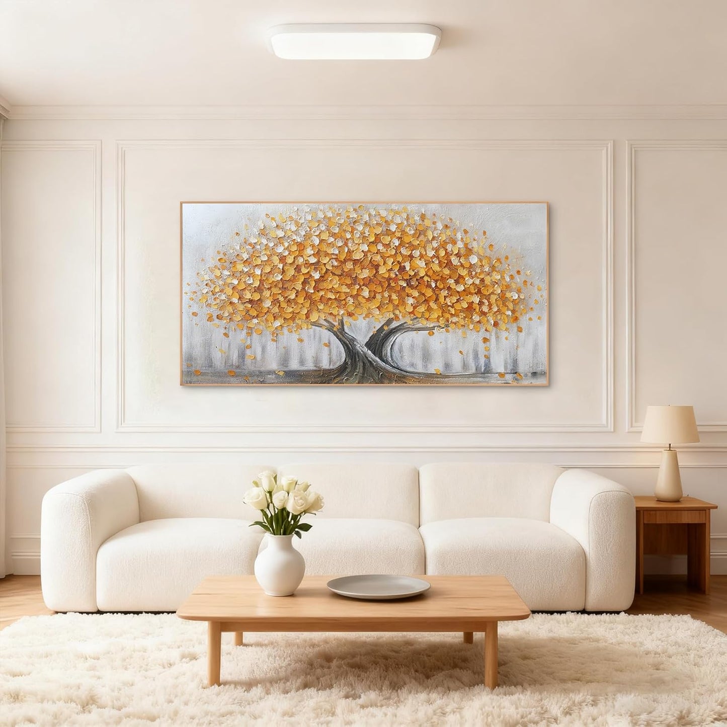 Gold Tree of Life Canvas Wall Art, Modern Abstract Textured Painting, Large Framed Panoramic Landscape Artwork for Living Room, Bedroom, Office, Home Decor 48"x24"