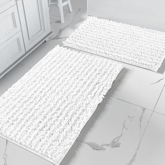 Yimobra Bathroom Rugs Sets 2 Piece - Quick Dry Extra Thick Luxury Chenille Bath Mat, Non Slip Super Absorbent for Tub Shower Sink, Machine Washable Shaggy Floor Mat, 32"x20"+24"x17" Inch, White