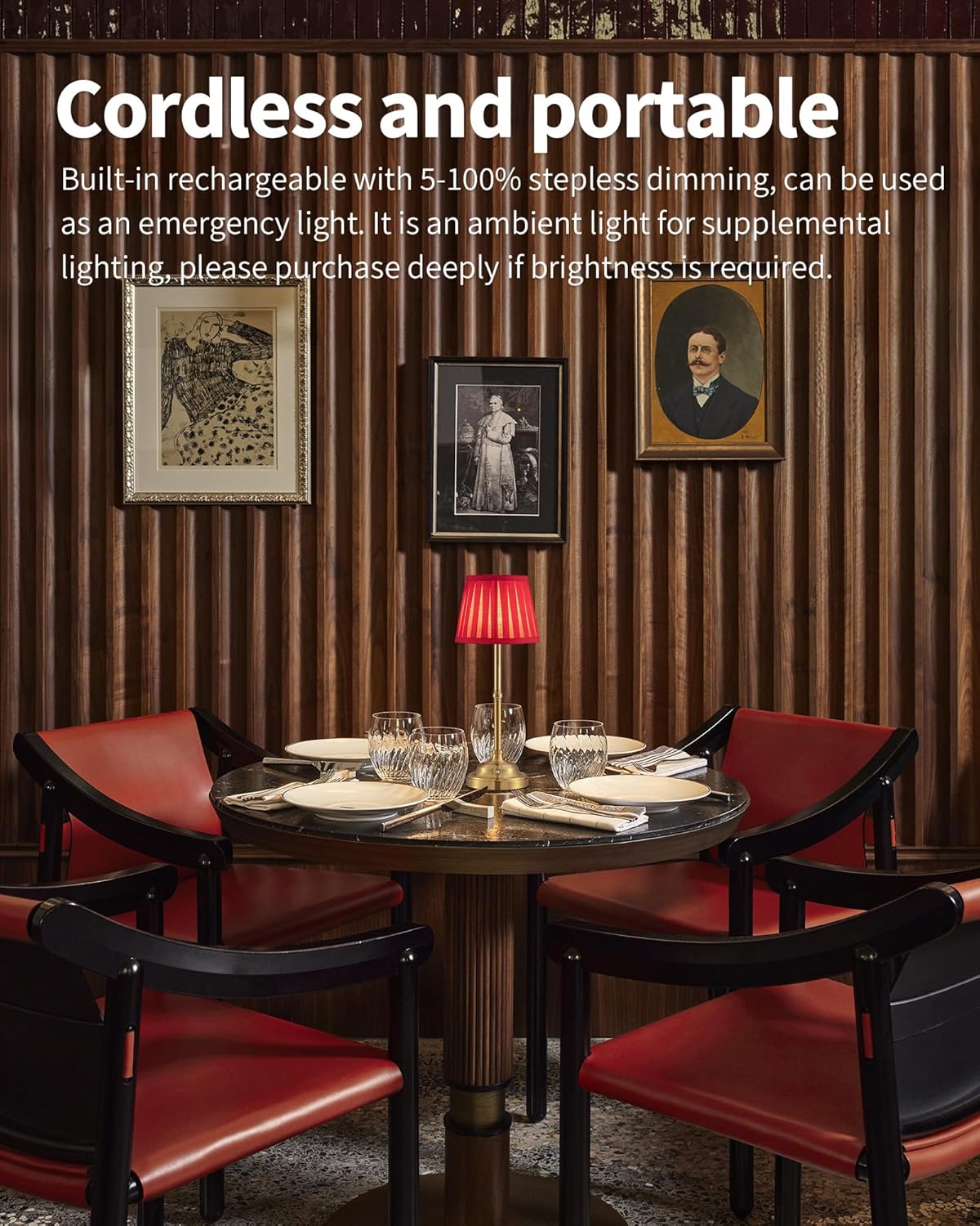 KDG Cordless LED Table Lamp Set of 2, Portables Fabric Shade Desk Lamps, 5000mAh Rechargeable Battery Powered Lighting, Dimmable Light for Dining Room, Bedroom, Bedside, Night Light, Balcony (Red)