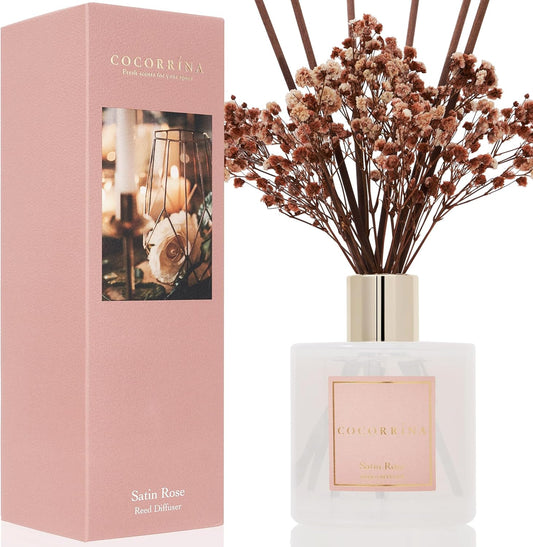 Cocorrína Reed Diffuser Sets- Satin Rose Scented Diffuser with Sticks Home Fragrance Reed Diffuser for Bathroom Shelf Decor