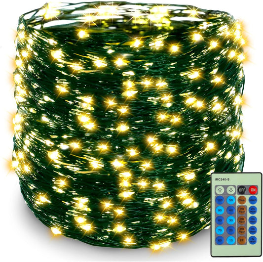 Decute 500LED 164FT Christmas Tree String Lights Green Wire Dimmable with Remote Control, UL Listed Plug in Fairy Starry Lights Decorative for Christmas Tree Party Wedding Indoor Outdoor Warm White