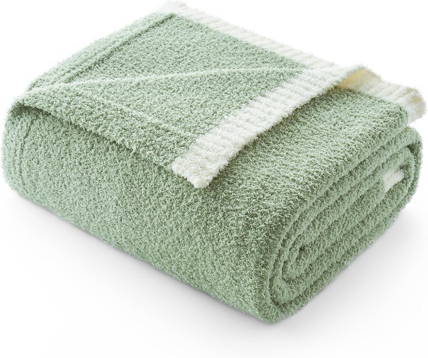 Snuggle Sac Sage Green Bedding Blankets Queen Size 90x90 inches, Reversible Microfiber Fluffy Fuzzy Soft Throw Cozy Knit Blanket for Women Mothers Birthday Gifts