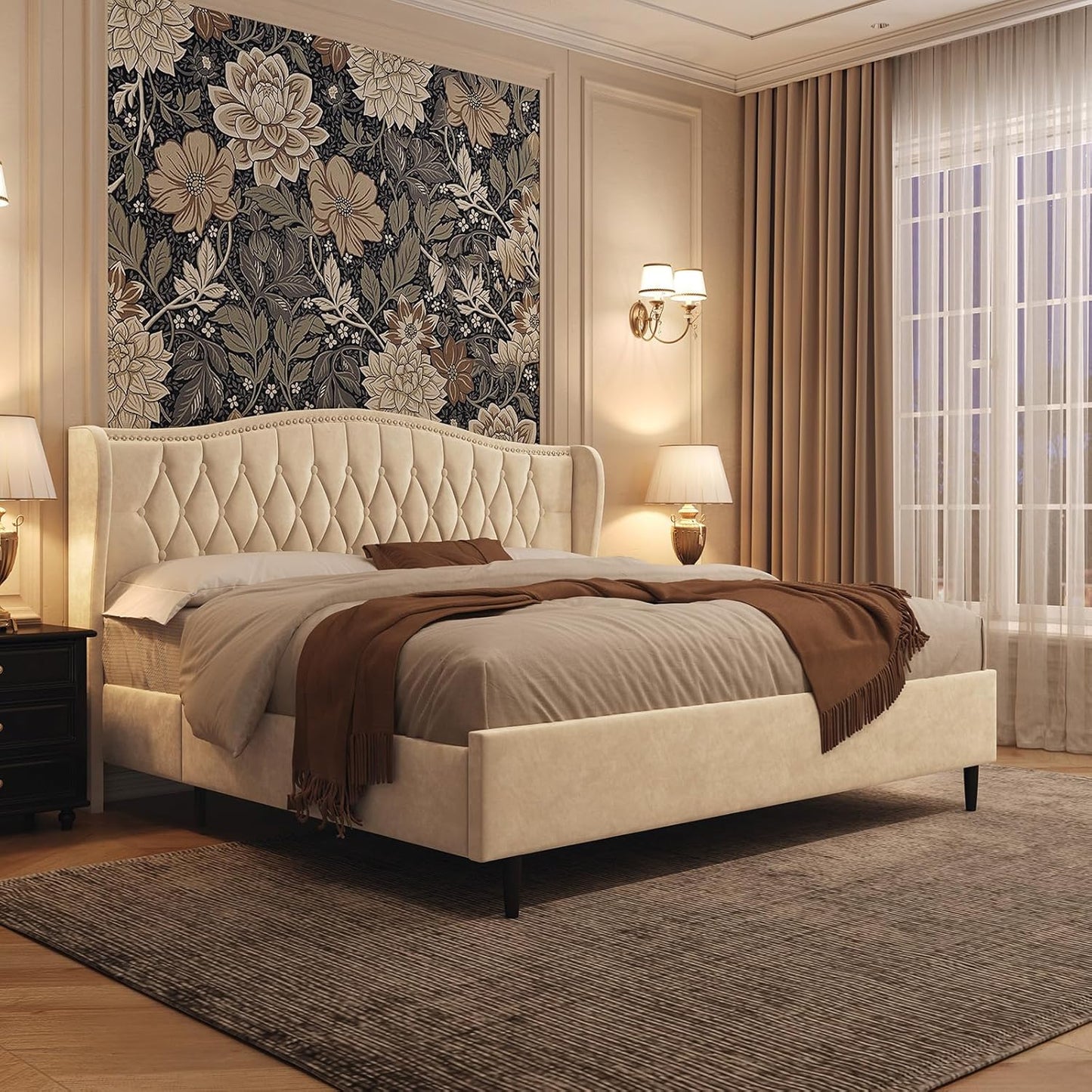 Belffin King Bed Frame and Headboard, Luxury Upholstered Velvet Platform Bed with Wingback, Button Tufted & Nailhead Trim, Anti-Slide Tall Footboard, No Box Spring Needed, Noise-Free, Beige