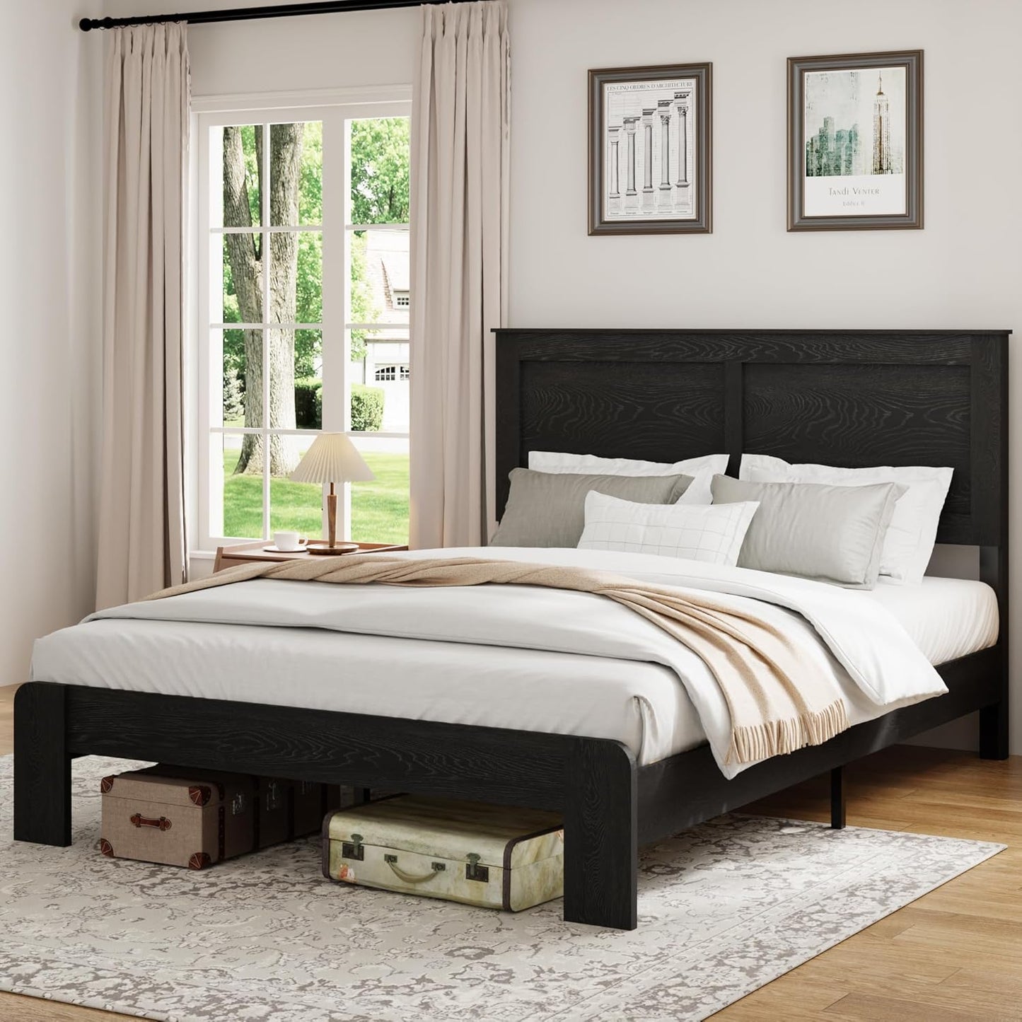 Wood Platform Bed Frame, Queen Size Bed Frame with Headboard and Wood Slat Support, Easy Assembly, No Box Spring Needed, Black