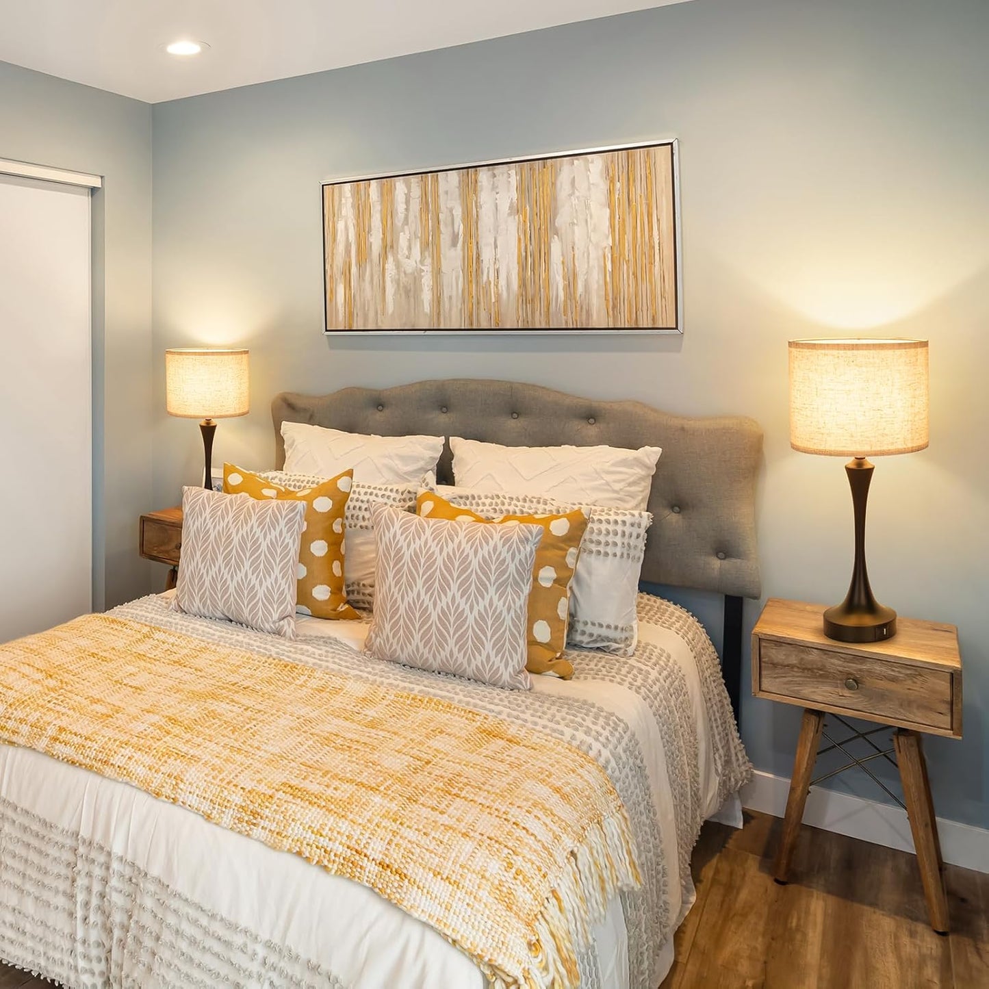 GGOYING 22” Set of 2 Touch Control Table Lamp with USB A+C Ports, 3-Level Dimmable Bedside Lamp with Fabric Lampshade, 3000K LED Bulbs, Nightstand Lamp for Bedroom Livingroom Office, Black