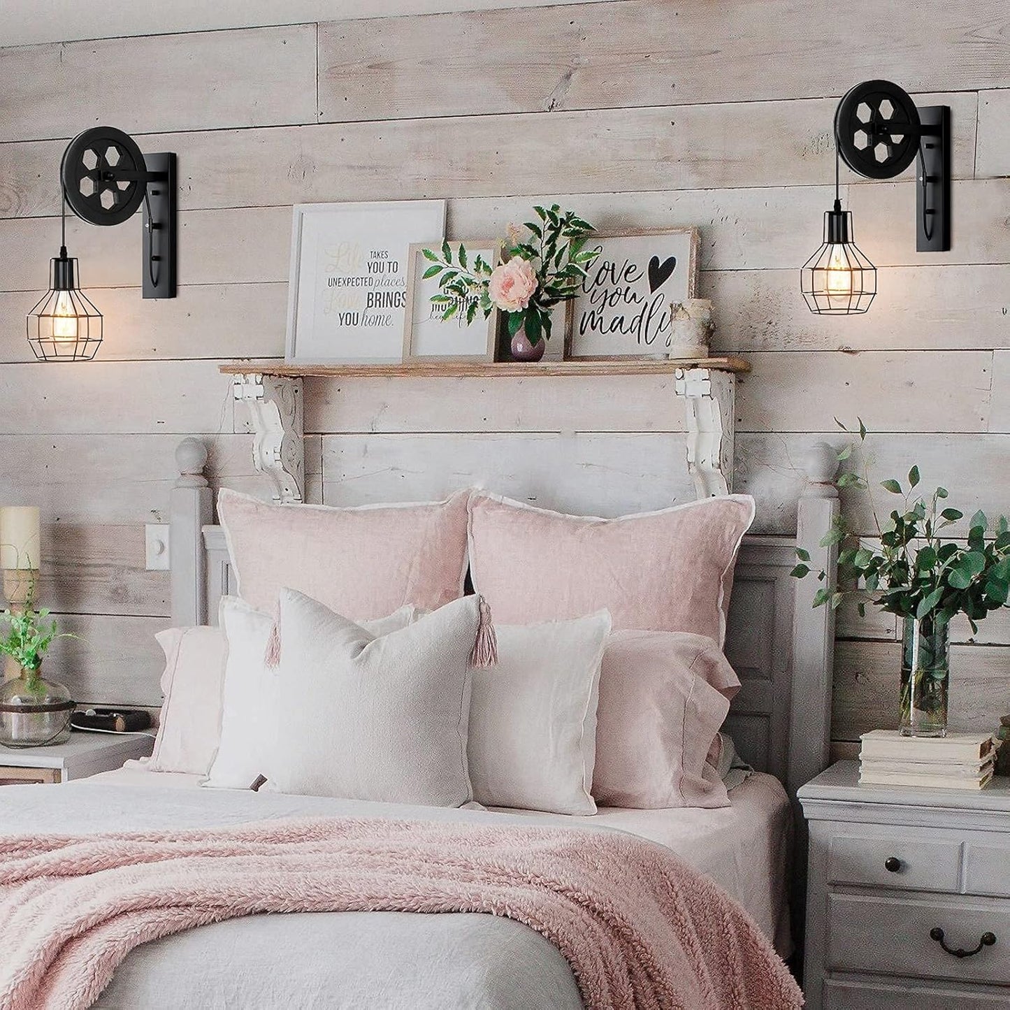 1-Light Rustic Wall Light Lift Pulley with Matte Iron Cage Lampshade Industrial Mid Century Sconce for Indoor Lighting Barn Restaurant (Black Color)