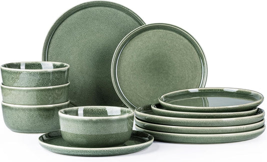 AmorArc Stoneware Dinnerware Sets for 4,Round Reactive Glaze Ceramic Plates and Bowls Set,Highly Scratch Resistant | Dishwasher & Microwave Safe Dishes Set,Service for 4 (12pc)