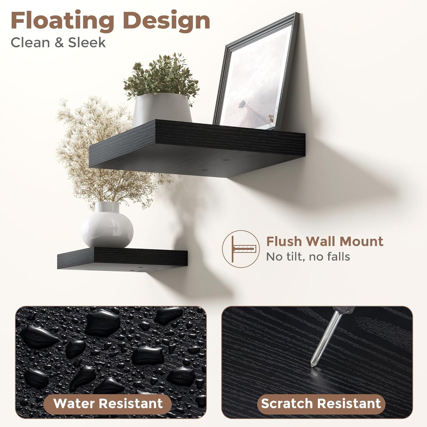 Floating Shelves for Wall with Invisible Brackets, Wall Mounted Engineered Wood Shelves with Wood Grain for Living Room, Bedroom, Bathroom, Kitchen Decor and Storage, Oak, 12"L Set of 3, Black