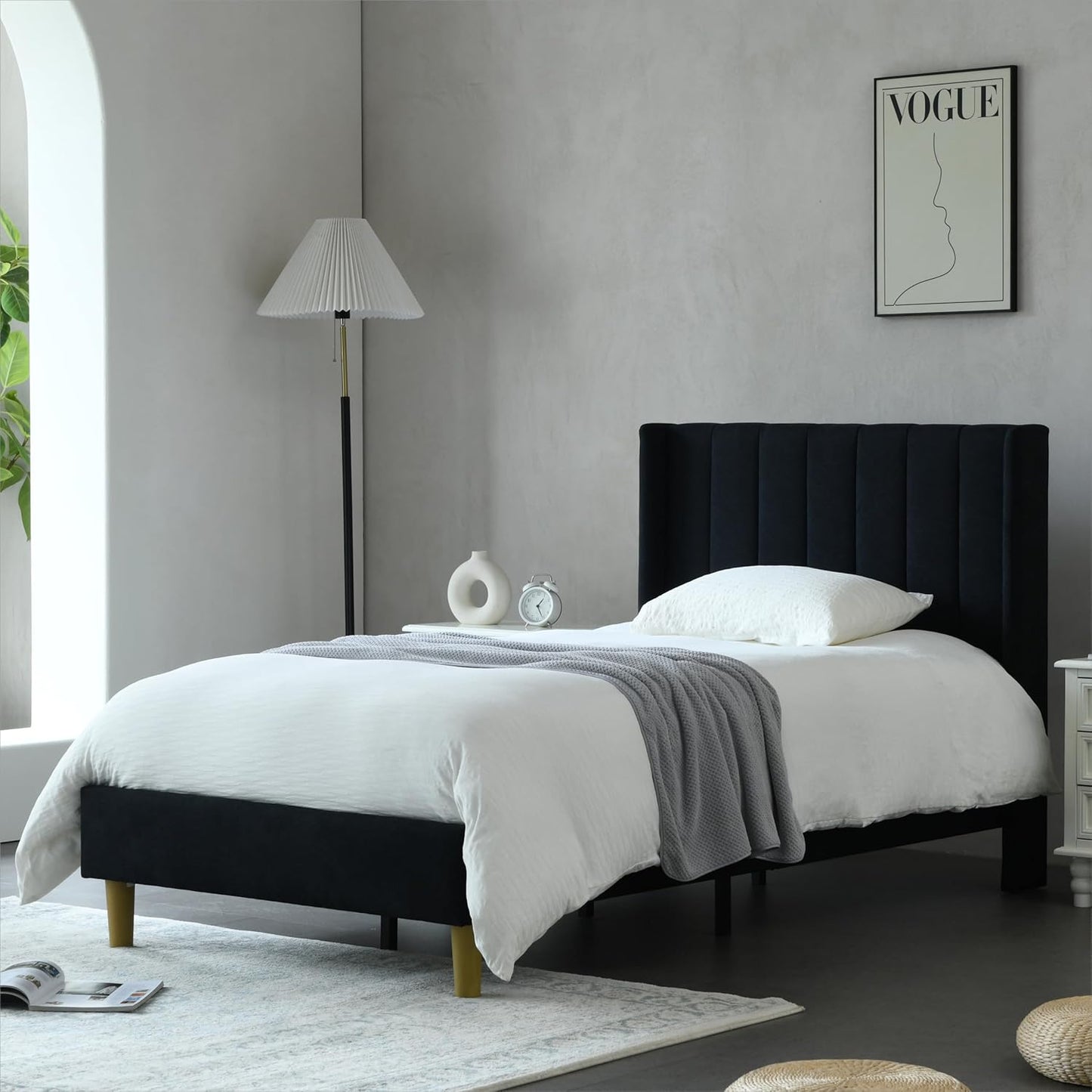 YUHUASHI upholstered Platform Bed Frame/Twin Bed Frame/Modern Geometric Double-Wing Design headboard/Linen Fabric/Easy to Assemble no Noise (Black, Twin)